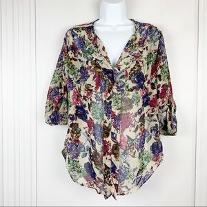 LOVELY DAY Sheer Floral Print 3/4 Sleeve Blouse -M